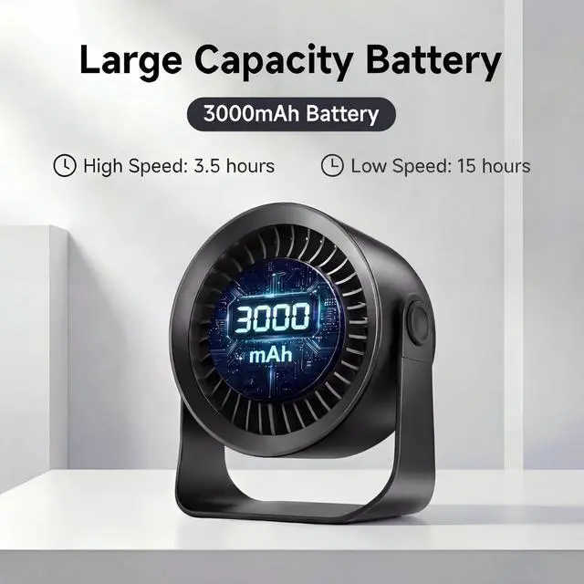 Alt view image 3 of 6 - Mini Desk Fan, Small USB Rechargeable Quiet Desktop Fan, Cooling Table Electric Fan with LED Digital Display, 360°Adjustable Tilt for Bedroom, Office & Home (Black)