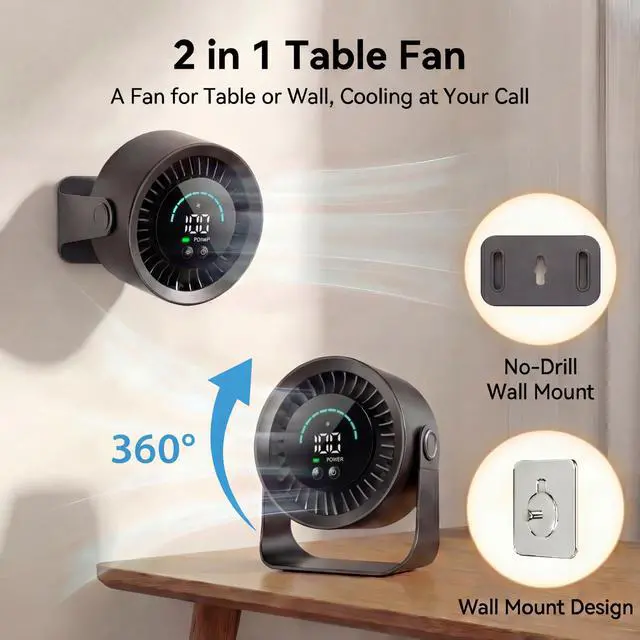 Alt view image 4 of 6 - Mini Desk Fan, Small USB Rechargeable Quiet Desktop Fan, Cooling Table Electric Fan with LED Digital Display, 360°Adjustable Tilt for Bedroom, Office & Home (Black)