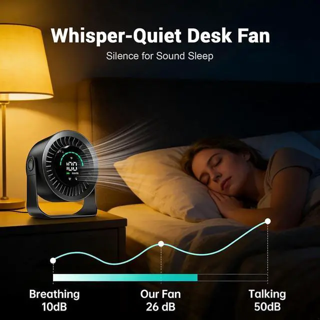 Alt view image 5 of 6 - Mini Desk Fan, Small USB Rechargeable Quiet Desktop Fan, Cooling Table Electric Fan with LED Digital Display, 360°Adjustable Tilt for Bedroom, Office & Home (Black)