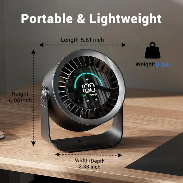 Alt view image 2 of 6 - Mini Desk Fan, Small USB Rechargeable Quiet Desktop Fan, Cooling Table Electric Fan with LED Digital Display, 360°Adjustable Tilt for Bedroom, Office & Home (Black)