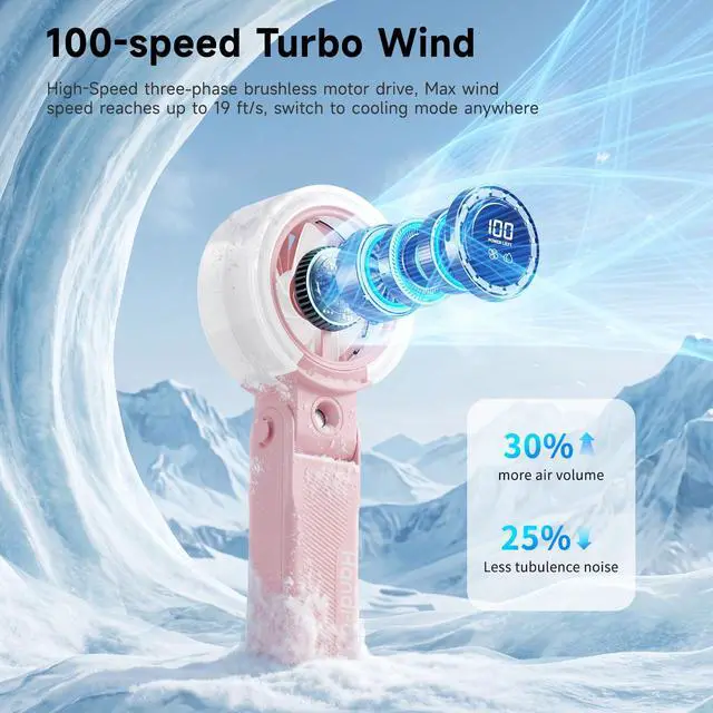 Alt view image 4 of 7 - 4000mAh Handheld Turbo Misting Fan, 100 levels Adjustable High Speed Mister Fan, Portable Spray Water Mist Fans, Foldable Mini Hand Fans for Summer Beach Travel Concerts Disney(Pink)