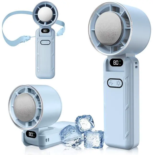 Main image of Portable Handheld Turbo Fan, Foldable Mini Fan with Ice Cooler, 5 Speed Wind, 12 Hrs Cooling, 3600mAh Rechargeable, Digital Display, Personal Fans for Travel/Outdoor/Camping (Light Blue)