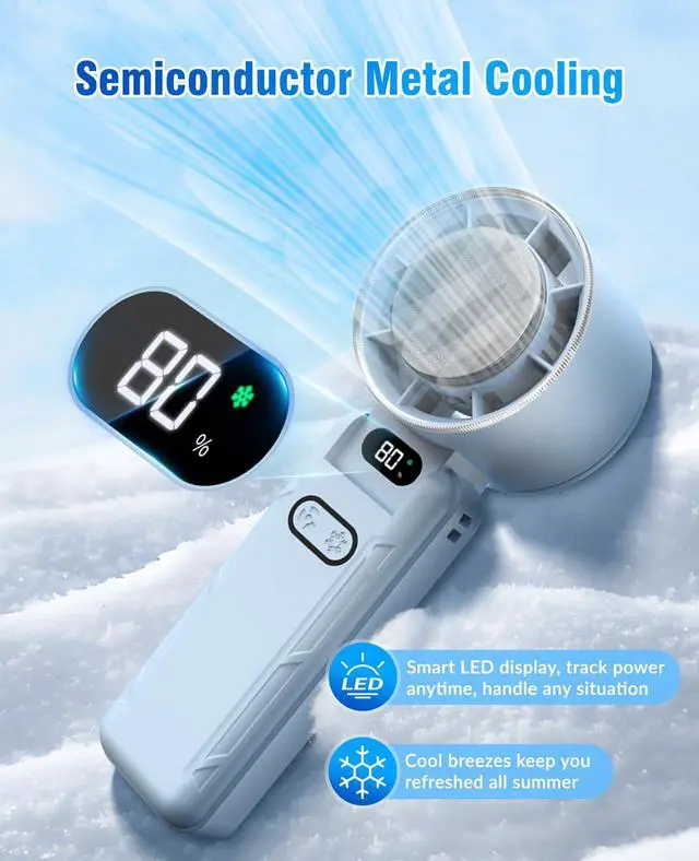Alt view image 2 of 7 - Portable Handheld Turbo Fan, Foldable Mini Fan with Ice Cooler, 5 Speed Wind, 12 Hrs Cooling, 3600mAh Rechargeable, Digital Display, Personal Fans for Travel/Outdoor/Camping (Light Blue)