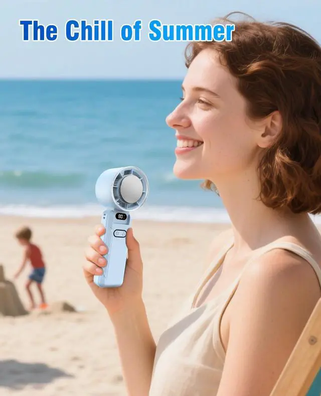 Alt view image 3 of 7 - Portable Handheld Turbo Fan, Foldable Mini Fan with Ice Cooler, 5 Speed Wind, 12 Hrs Cooling, 3600mAh Rechargeable, Digital Display, Personal Fans for Travel/Outdoor/Camping (Light Blue)
