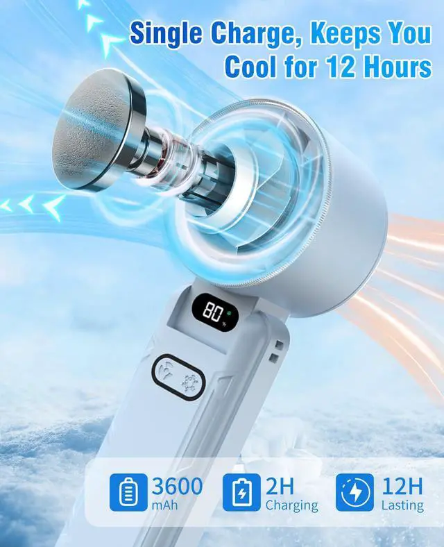 Alt view image 4 of 7 - Portable Handheld Turbo Fan, Foldable Mini Fan with Ice Cooler, 5 Speed Wind, 12 Hrs Cooling, 3600mAh Rechargeable, Digital Display, Personal Fans for Travel/Outdoor/Camping (Light Blue)