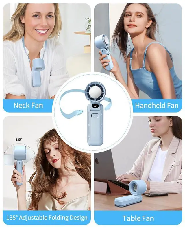 Alt view image 6 of 7 - Portable Handheld Turbo Fan, Foldable Mini Fan with Ice Cooler, 5 Speed Wind, 12 Hrs Cooling, 3600mAh Rechargeable, Digital Display, Personal Fans for Travel/Outdoor/Camping (Light Blue)