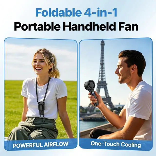 Alt view image 4 of 7 - Foldable Handheld Portable Fan, Small but Efficient, Long-Runtime, Rechargeable Outdoor Mini Cooling Fan, Battery Powered Portable Cooling, 5-Speed, Summer Beach Essentials for Travel (Black)