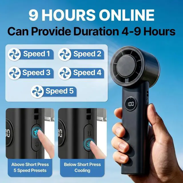 Alt view image 5 of 7 - Foldable Handheld Portable Fan, Small but Efficient, Long-Runtime, Rechargeable Outdoor Mini Cooling Fan, Battery Powered Portable Cooling, 5-Speed, Summer Beach Essentials for Travel (Black)
