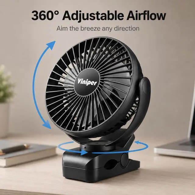 Alt view image 2 of 7 - 6 inch Rechargeable Clip on Fan, 5000mah Battery Desk Fan : 360° Rotation & 3 Speeds Strong Wind Portable Fan, 8-30 Working Hours, Quiet and Powerful (Black)