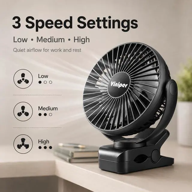 Alt view image 3 of 7 - 6 inch Rechargeable Clip on Fan, 5000mah Battery Desk Fan : 360° Rotation & 3 Speeds Strong Wind Portable Fan, 8-30 Working Hours, Quiet and Powerful (Black)