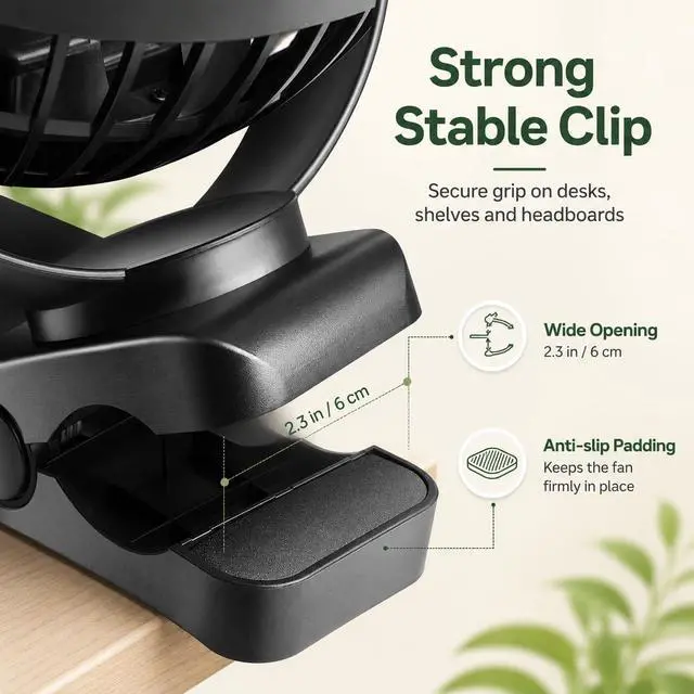 Alt view image 4 of 7 - 6 inch Rechargeable Clip on Fan, 5000mah Battery Desk Fan : 360° Rotation & 3 Speeds Strong Wind Portable Fan, 8-30 Working Hours, Quiet and Powerful (Black)
