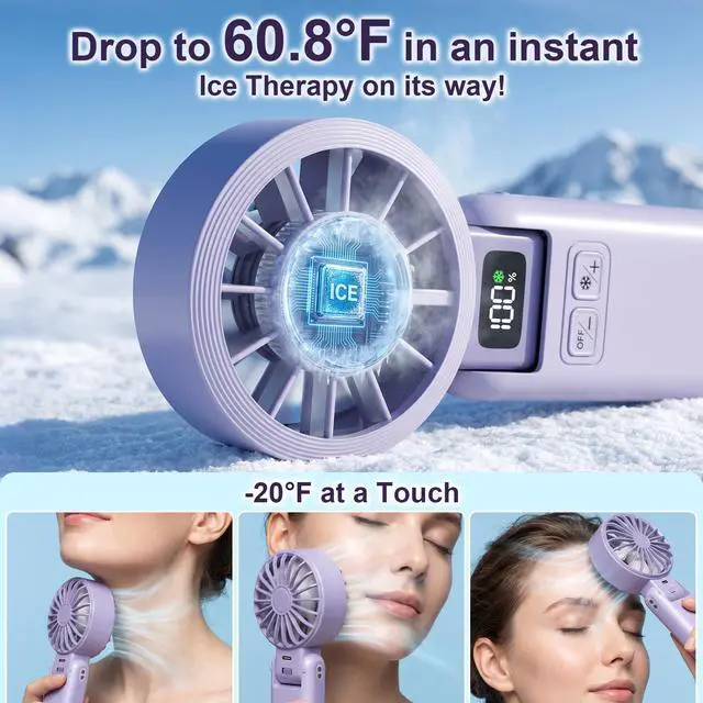 Alt view image 2 of 7 - Portable Handheld Fan with Ice Cooling, 5.5m/s Rechargeable Fan, Independent Switch, 5-Speed, LED Display, 12H Battery, Foldable Neck Personal for Travel Essentials, Concerts, Sports - Purple