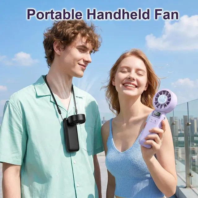 Alt view image 3 of 7 - Portable Handheld Fan with Ice Cooling, 5.5m/s Rechargeable Fan, Independent Switch, 5-Speed, LED Display, 12H Battery, Foldable Neck Personal for Travel Essentials, Concerts, Sports - Purple