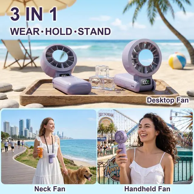 Alt view image 4 of 7 - Portable Handheld Fan with Ice Cooling, 5.5m/s Rechargeable Fan, Independent Switch, 5-Speed, LED Display, 12H Battery, Foldable Neck Personal for Travel Essentials, Concerts, Sports - Purple