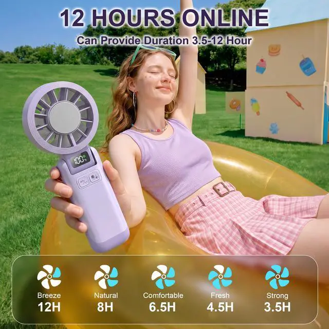 Alt view image 5 of 7 - Portable Handheld Fan with Ice Cooling, 5.5m/s Rechargeable Fan, Independent Switch, 5-Speed, LED Display, 12H Battery, Foldable Neck Personal for Travel Essentials, Concerts, Sports - Purple