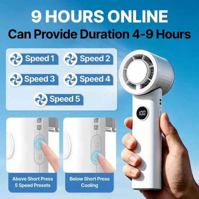 Alt view image 5 of 7 - Portable Handheld Foldable Personal Fan, Small but Efficient, Long-Runtime, Outdoor Mini Rechargeable Cooling Fan, Battery Powered Portable Cooling, 5-Speed, Summer Accessory for Travel(White)