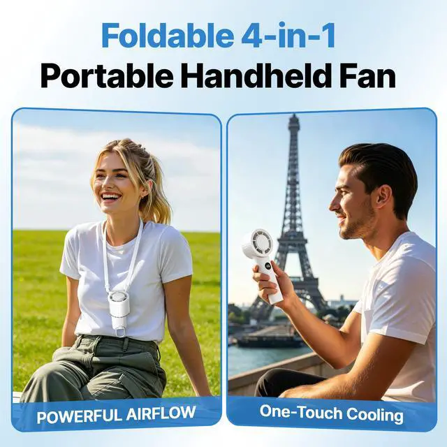 Alt view image 7 of 7 - Portable Handheld Foldable Personal Fan, Small but Efficient, Long-Runtime, Outdoor Mini Rechargeable Cooling Fan, Battery Powered Portable Cooling, 5-Speed, Summer Accessory for Travel(White)