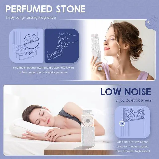 Alt view image 4 of 6 - Lady Rechargeable Personal Fan with 3 Speeds, Quiet Portable Mini Cooling Desk Electric Fan - White Rhinestones