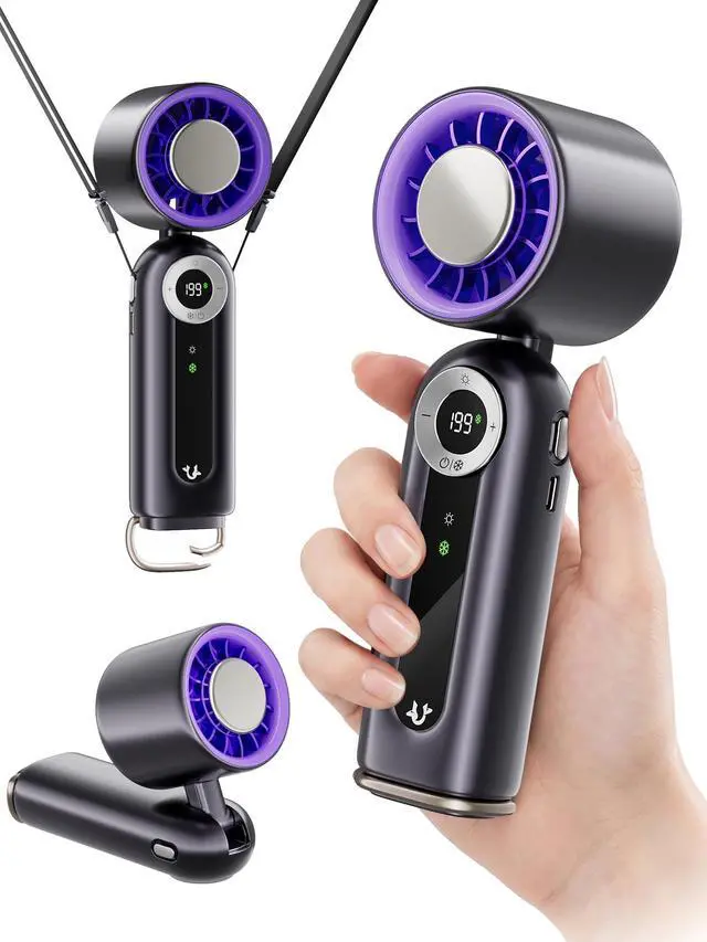 Main image of Portable Fan Rechargeable, Small Hand Held Mini Personal Fan with Cooling Plate, Digital Display, 199 Speeds, Foldable Desk & Neck Use, LED Light & Carabiner for Travel Camping