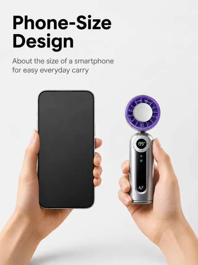 Alt view image 2 of 7 - Portable Fan Rechargeable, Small Hand Held Mini Personal Fan with Cooling Plate, Digital Display, 199 Speeds, Foldable Desk & Neck Use, LED Light & Carabiner for Travel Camping