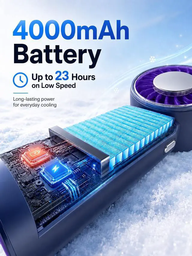 Alt view image 3 of 7 - Portable Fan Rechargeable, Small Hand Held Mini Personal Fan with Cooling Plate, Digital Display, 199 Speeds, Foldable Desk & Neck Use, LED Light & Carabiner for Travel Camping