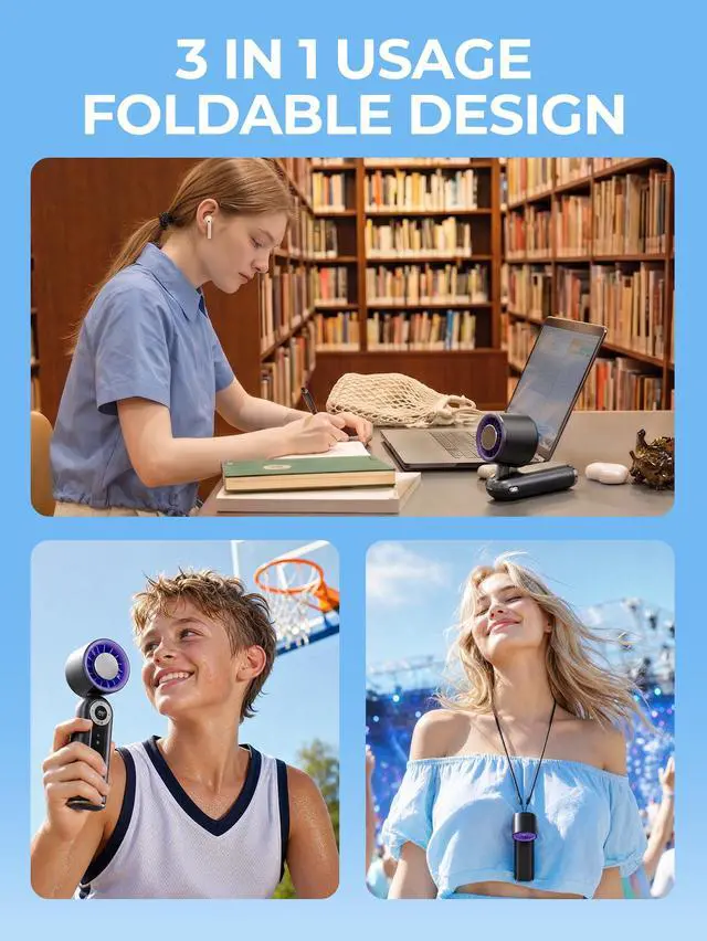 Alt view image 7 of 7 - Portable Fan Rechargeable, Small Hand Held Mini Personal Fan with Cooling Plate, Digital Display, 199 Speeds, Foldable Desk & Neck Use, LED Light & Carabiner for Travel Camping
