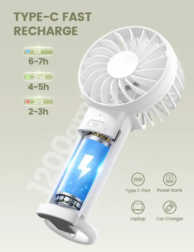 Alt view image 4 of 7 - Mini Portable Fan, 3 Speed Handheld Fan, Rechargeable Battery Personal Fan Makeup Eyelash Dryer Small Desk Fan for Travel Office Outdoor Women Men Cute Design-White