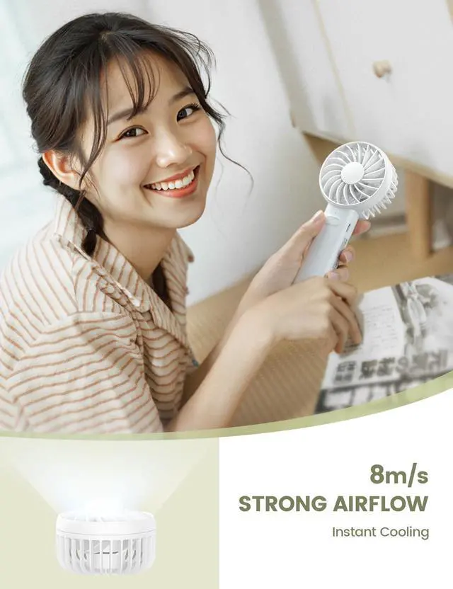 Alt view image 7 of 7 - Mini Portable Fan, 3 Speed Handheld Fan, Rechargeable Battery Personal Fan Makeup Eyelash Dryer Small Desk Fan for Travel Office Outdoor Women Men Cute Design-White