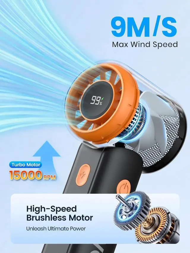 Alt view image 2 of 7 - 5000mAh Portable Handheld Fan, 15000 RPM High Speed Mini Personal Turbo Fan, 5 Speeds, LED Display, USB-C Rechargeable Small Desk Fan for Travel Outdoor Makeup