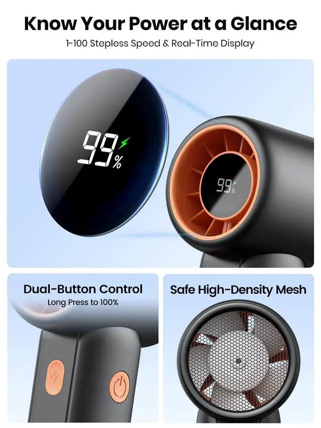 Alt view image 3 of 7 - 5000mAh Portable Handheld Fan, 15000 RPM High Speed Mini Personal Turbo Fan, 5 Speeds, LED Display, USB-C Rechargeable Small Desk Fan for Travel Outdoor Makeup