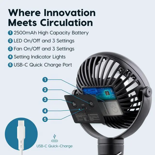Alt view image 3 of 7 - WOOZOO 3.5" Cordless Portable Clip On Fan, USB-C Rechargeable Fan, LED Light, Mosquito Repellent Tray, 360° Tilt, 3 Speeds,Bedside Kitchen Camping Golfing Outdoor Use, Black