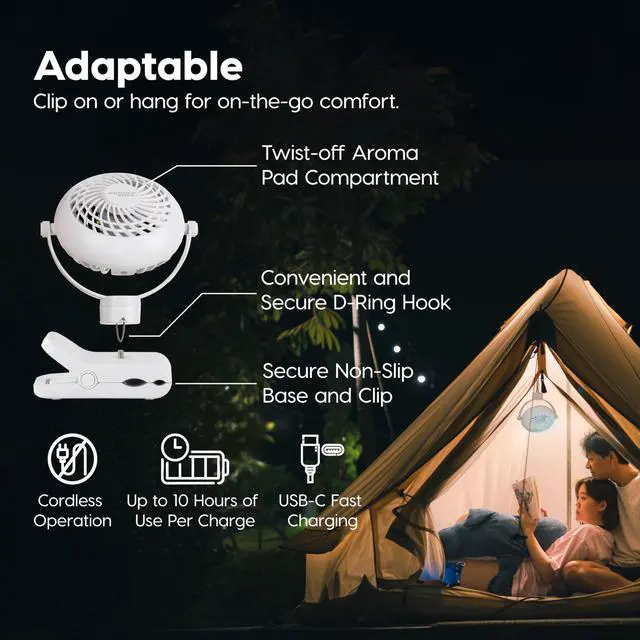Alt view image 5 of 7 - WOOZOO 3.5" Cordless Portable Clip On Fan, USB-C Rechargeable Fan, LED Light, Mosquito Repellent Tray, 360° Tilt, 3 Speeds,Bedside Kitchen Camping Golfing Outdoor Use, Black