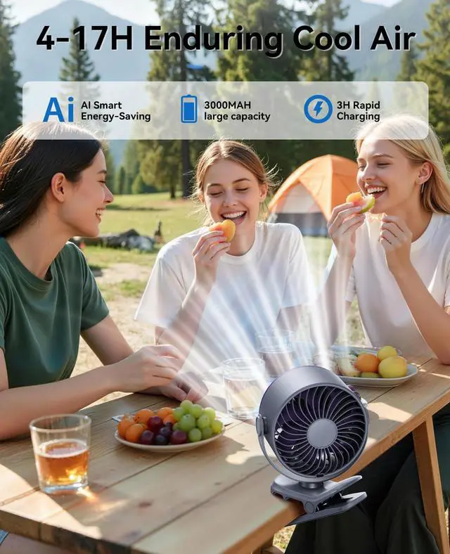 Alt view image 3 of 7 - Portable Clip on Fan, 100-Speed Rechargeable USB Fan with LED Display, 360° Rotation & Strong Airflow Desk Fan, Up to 17 Hours Small Battery Fan for Outdoor Travel Camping Treadmill Car (Grey)
