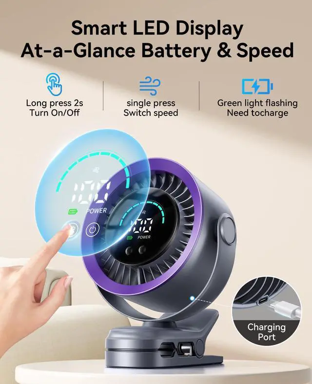 Alt view image 6 of 7 - Portable Clip on Fan, 100-Speed Rechargeable USB Fan with LED Display, 360° Rotation & Strong Airflow Desk Fan, Up to 17 Hours Small Battery Fan for Outdoor Travel Camping Treadmill Car (Grey)