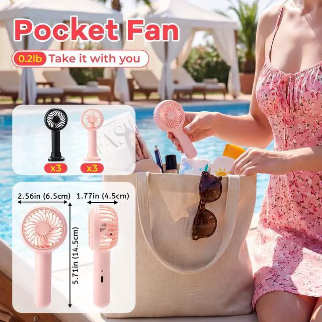 Alt view image 2 of 7 - 6 Pcs Mini Handheld Fan 3 Speed Powerful Portable Fans Cute USB Rechargeable Fans Personal Battery Operated Fan with Desktop Base for Makeup Eyelash Travel Beach Office Desk(Pink, Black)