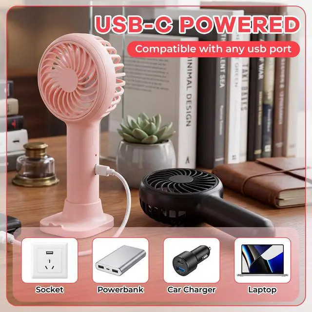 Alt view image 4 of 7 - 6 Pcs Mini Handheld Fan 3 Speed Powerful Portable Fans Cute USB Rechargeable Fans Personal Battery Operated Fan with Desktop Base for Makeup Eyelash Travel Beach Office Desk(Pink, Black)