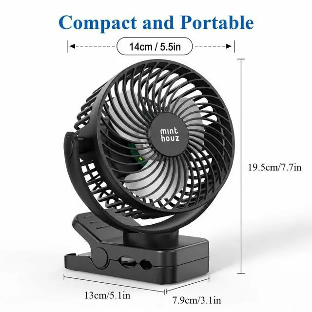 Alt view image 3 of 7 - Clip on Fan, 12000mAh Desk Fans, 360° Rotation Rechargeable Portable Fan with 45hrs Runtime - Quiet 3 Speeds, Wireless Remote, Timer, Input/Output Ports - Lightweight for Travel & Office