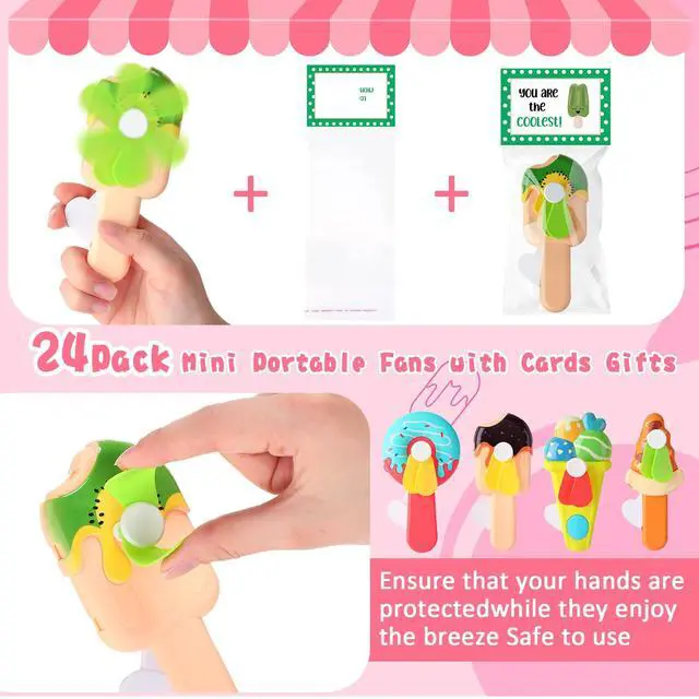 Alt view image 4 of 6 - 24 Pack Mini Portable Fans with Cards Gifts Cute Animal Fruit Ice Cream Handheld Press Cooling Fans for Summer Birthday Party End of the Year Pool Outdoor Activity Prize Exchange(Ice Cream)