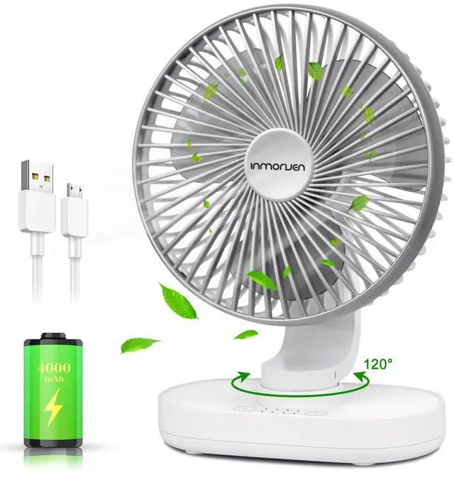 Main image of Small Desk Fan for Bedroom, 4000mAh Battery Powered Rechargeable Fan, 90° Vertical Manual and 120° Oscillating, 4 Speeds Air Circulator Fan, Quiet Table Fan for Home Office, White