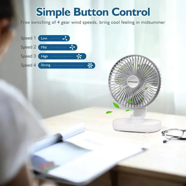 Alt view image 2 of 7 - Small Desk Fan for Bedroom, 4000mAh Battery Powered Rechargeable Fan, 90° Vertical Manual and 120° Oscillating, 4 Speeds Air Circulator Fan, Quiet Table Fan for Home Office, White