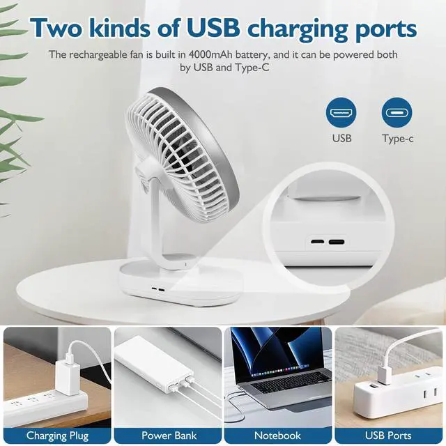 Alt view image 3 of 7 - Small Desk Fan for Bedroom, 4000mAh Battery Powered Rechargeable Fan, 90° Vertical Manual and 120° Oscillating, 4 Speeds Air Circulator Fan, Quiet Table Fan for Home Office, White