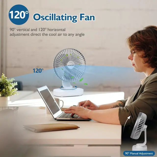 Alt view image 5 of 7 - Small Desk Fan for Bedroom, 4000mAh Battery Powered Rechargeable Fan, 90° Vertical Manual and 120° Oscillating, 4 Speeds Air Circulator Fan, Quiet Table Fan for Home Office, White
