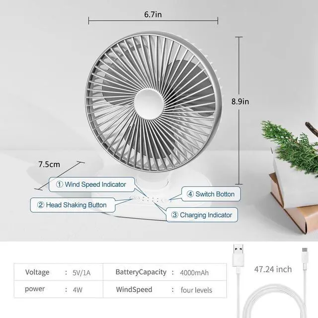 Alt view image 6 of 7 - Small Desk Fan for Bedroom, 4000mAh Battery Powered Rechargeable Fan, 90° Vertical Manual and 120° Oscillating, 4 Speeds Air Circulator Fan, Quiet Table Fan for Home Office, White