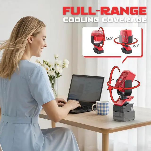 Alt view image 5 of 7 - 4" Clip Fan Compatible with Milwaukee 18V Battery (Tool Only) 3-Speed Cordless Clip-On Fan with 360° Rotation Low Noise Portable Desk Fan for Camping Jobsite Tent Fishing Outdoor