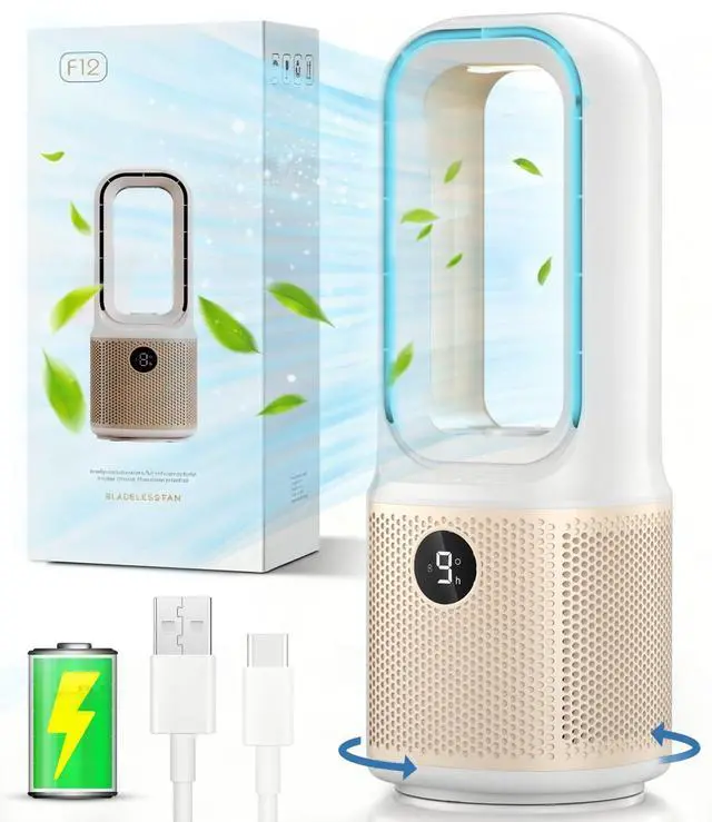 Main image of Small Bladeless Desk Fan Quiet, 14 Inch USB Rechargeable Table Fan with 5000mAh Battery, 60° Oscillating 9 Speeds Touch Control, 3 Light Modes, Mini Portable Fan for Office Bedroom Living Room