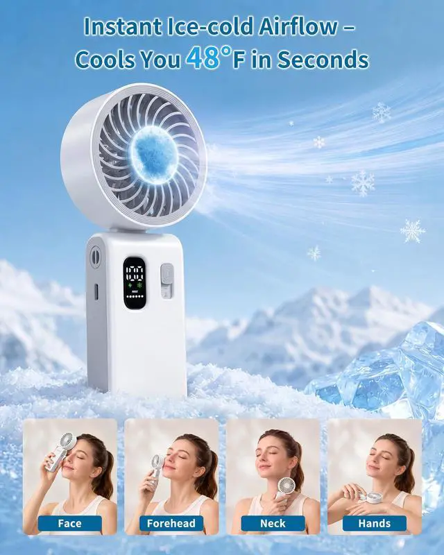 Alt view image 2 of 7 - Portable Handheld Fan with Ice Cooling, 100 Speed Rechargeable Mini Desk Fan, Up to 12Hrs Cooling, Powerful Folding Personal Fan for Travel, Camping, Office (White)
