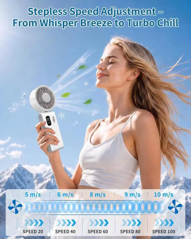 Alt view image 4 of 7 - Portable Handheld Fan with Ice Cooling, 100 Speed Rechargeable Mini Desk Fan, Up to 12Hrs Cooling, Powerful Folding Personal Fan for Travel, Camping, Office (White)
