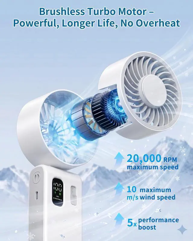 Alt view image 3 of 7 - Portable Handheld Fan with Ice Cooling, 100 Speed Rechargeable Mini Desk Fan, Up to 12Hrs Cooling, Powerful Folding Personal Fan for Travel, Camping, Office (White)