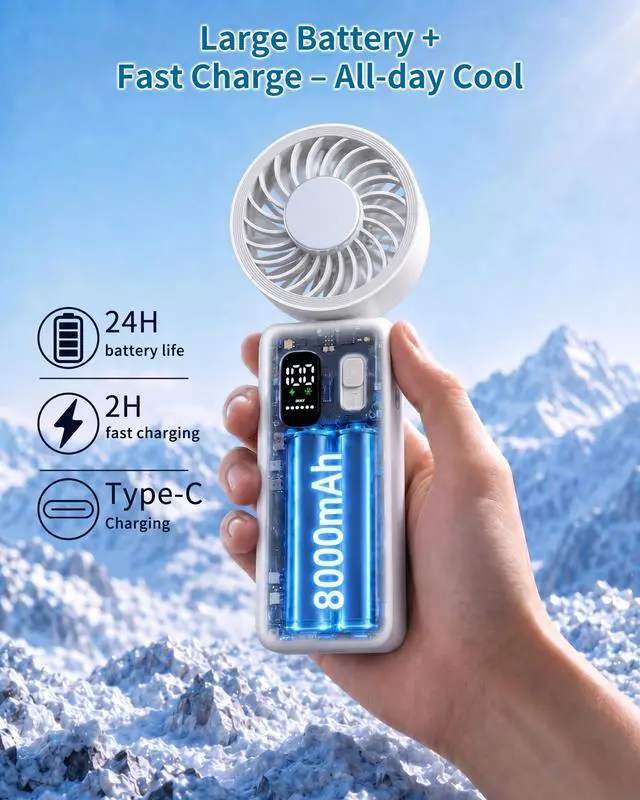 Alt view image 5 of 7 - Portable Handheld Fan with Ice Cooling, 100 Speed Rechargeable Mini Desk Fan, Up to 12Hrs Cooling, Powerful Folding Personal Fan for Travel, Camping, Office (White)