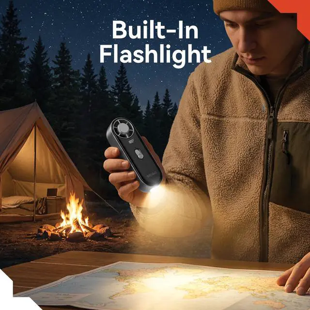 Alt view image 6 of 7 - Metal Handheld Fan with Ice Cooling, 10,000mAh Power Bank & Flashlight, 16,500 RPM Turbo Cooling, 100-Speed Adjustable Fan, Built-in Retractable USB-C Cable for Travel, Camping & Outdoor Use